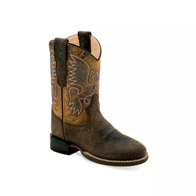 OLD WEST Children's Broad Round Toe Burnt Dark Brown Leather Cowboy Boots (BRC2011)